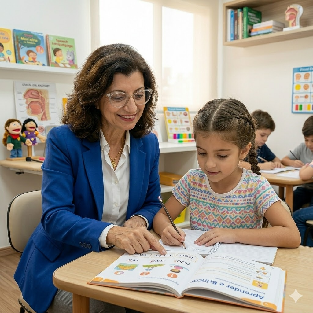 Sessão de fonoaudiologia com criança e mãe usando espelho para trabalhar a fala